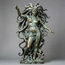 full body bronze sculpture of medusa, renaissance style, sharp facial features, angry, professional photography, dynamic and dominant