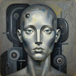 a portrait headshot of sci fi metallic human, bright eyes, melancholic complex geometric figure liminal machinery by oskar schlemmer, moebius, john berkey, oil on canvas, portrait facial head, featured on artstation, hd wallpaper