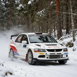 a 1 9 9 9 mitsubishi lancer evolution vi gsr, racing through a rally stage in a snowy forest