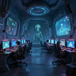 an alien playing game at its spacious gaming room, hi - tech gaming setup, intricate, led lights, sci - fi, indoor, spacious, art by filip hodas and artgerm