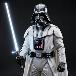 White Darth Vader suit, black background, soft light, white lightsaber, realism, 4k,