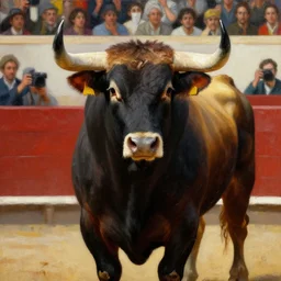 close - up detail scene of bullfight, oil painting, high contrast, detailed, the bull stands proudly and still, as if the crowd is there to admire it, masterpiece, vibrant colors, by goya, velazquez, greco