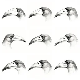 montage of style sheets, bird beaks, hand drawn