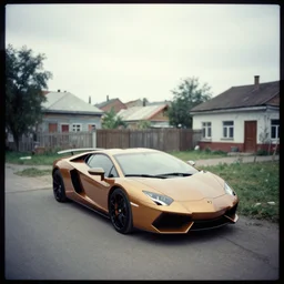 a lomographic photo of lamborgini standing in typical soviet yard in small town, hrushevka on background, cinestill, bokeh