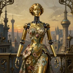 brass semi - mechanical woman, portrait, floral art novuea dress, art by rembrandt, moebius, in steampunk cityscape designed by victor horta, golden hour, robotic prosthetic limbs, symmetrical