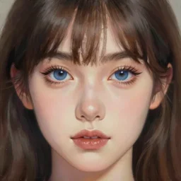 painting of a young adult woman face with small blue eyes big brown browns long lashes high cheekbones and sharp jawline small plump lips straight nose white skin long bangs brown hair