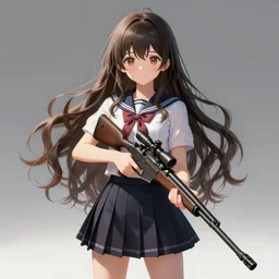 anime, full body, cute, female, a cute girl wearing a school uniform and holding a sniper rifle, long wavy hair, gorgeous lighting, highly detailed, digital painting, art station, sharp focus, high quality, frontal view, illustration, concept art, advanced digital anime art