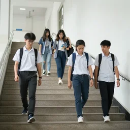 photo of university students walking in a hallway beside stairs