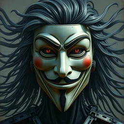 perfectly centered portrait, front view of a biomechanical android anonymous mask guy fawkes robot, flowing hair, intense stare, sarcastic smile, symmetrical, concept art, intricate detail, volumetric shadows and lighting, realistic oil painting by tim hildebrandt and greg rutkowski,