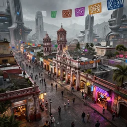 cinematic titled angled view action shot clean concept art of a postapocalyptic futuristic small mexican town cobbled kiosko central town square, kacper niepokolczycki, blade runner 2 0 2 9 guanajuato alleys, hanging mexican dia de muertos paper decorations, futuristic colonial city architecture, crowded, angled shot, environmental lighting, stromy weather, ray tracing, amazing view, highly detailed, neon shops, octane render, unreal engine 5, 4 k