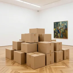 a giant pile of cardboard boxes in a white room with a parquet floor which is an art gallery featuring a painting by anthony copely, interior photograph