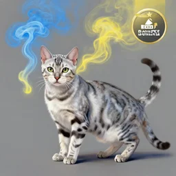 a painting of a silver bengal cat with blue and yellow smoke coming out of, a digital painting by petros afshar, behance contest winner, digital art, behance hd, digital illustration, digital painting