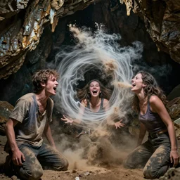 hyper realistic photo of the interior dark cave, a weathered young man, women, laughter and screaming face, feedback loop, burst of powders, spraying liquid, volumetric lighting, twisting vapour, bellowing dust, full colour, upscale, 8 k