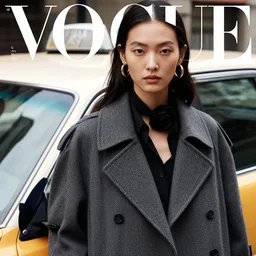 close up of a fashion model standing in front of a taxi, vogue magazine editorial, highly detailed