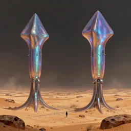 a mysterious alien desert landscape with 2 iridescent squid shaped buidings by James gurney and Greg rutkowski, highly detailed, artstation, concept art futuristic dramatic lighting