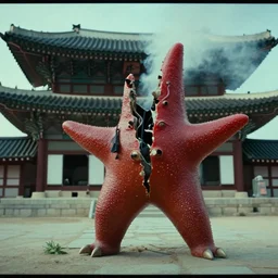 a film still of a north korean monster movie, kaiju - eiga monster starfish - like over traditional korean palace split in half, film noir, video compression, ripple effect