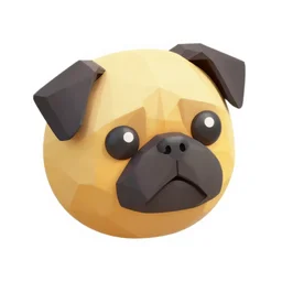 A brightly colored detailed icon of a pug head emoji, 3D low poly render, isometric perspective on white background