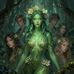 earth goddess with green skin, forest spirit by james jean, charlie bowater, tom bagshaw, nikolay makovsky, melanie delon : : enchanting, ethereal, magical, glowing, sparkle, iridescent, flowerpunk, portrait, character design, illustration, hyperrealism, photorealism, digital art, concept art, dark fantasy, whimsy, weta, wlop, artstation