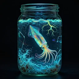 bioluminescent neurons floating jar of broken glass with a dramatic turbulent ocean, squid swimming in the ocean, concept artists, backlit, dark background, intricate, indie studio, realistic, rim lighting, flourecent colors, emotional, sketch, realistic, whimsical, noise, stippling