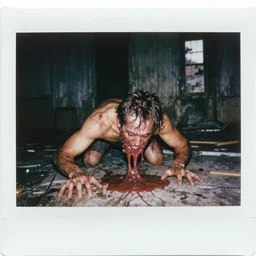 flash, pov, old abandoned house, human male creature, crawling, meat, ooze, slime, veins, wet, photorealistic, vintage photography, color polaroid