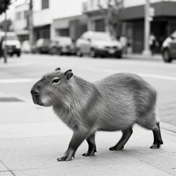 a capybara walking in the streets of los angeles, street photography, black and white