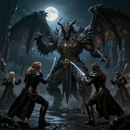 dark fantasy, movie the lord of the rings, wizard battle with the balrog, cinematic, octane render, art station, dramatic lighting, beautiful moonlight night, concept art, rococo, photorealistic, intense detail, 8 k