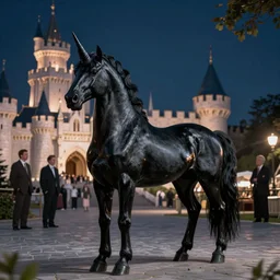 black unicorn stand near castle at night, night lighting, rtx reflection's, norman rockwell, tim hildebrandt, viktor safonkin, dariusz zawadzki, bruce pennington, larry elmore, intricate details, hyperrealistic oil painting on canvas, deep depth field
