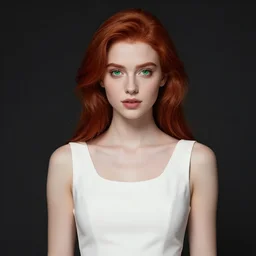 elegent girl with red hair and green eyes, wearing a white dress, red and black color palette, in the style of and ilya kuvshinov and greg rutkowski, high quality anime artstyle, intricate