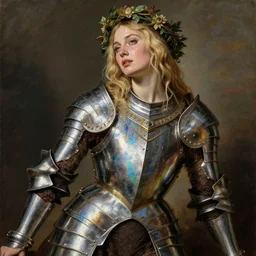 sweating, seductive saoirse ronan, blonde hair, wearing rainbow metal medieval armour, posing seductive, looking seductively, ornate wreath, oil painting by titian, hard focus