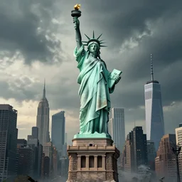 Donald Trump attcking the Statue of Liberty in Manhattan, post apocalyptic New York, craig mullins, dramatic lighting, very detailed