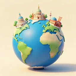 llustration of the globe with 3 d top touristic attractions on it, 3 d render, 3 d model, smooth, illustration, in the style of shkret