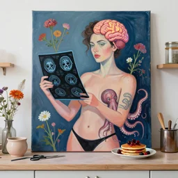 a portrait in a female artist's kitchen, a queer woman holding a ct scan of skull, surgical equipment, scissors, pottery, australian wildflowers, a glowing brain, feminine, organic, octopus, squashed berries, pancakes, black underwear, neo - expressionism, surrealism, acrylic and spray paint and oilstick on canvas