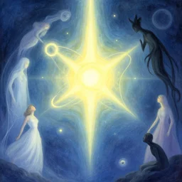 dawn of creation; first atom; beings of light and darkness; ethereal plane. illustrated by maurice sendak and Stephen Gammell
