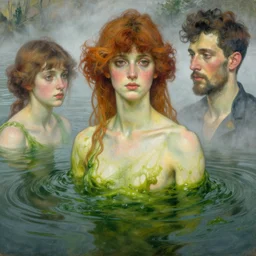 hyperrealist portrait in a river, half body, green water algae by alphonse mucha and lucian freud and bouguereau, fog, very detailed faces