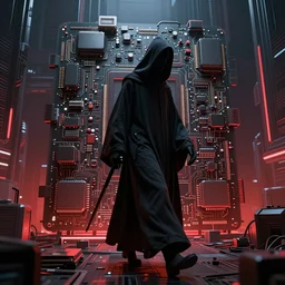 photo of a grimm reaper walking in a futuristic city in a dystopian future made of electronic components and looks like a giant pcb board. Very detailed 8k. Unreal engine 5 render with nanite, global illumination and path tracing. Emphasize on the colors black and red.