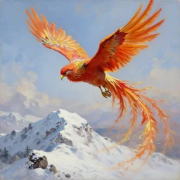 A Phoenix Flying Above A Snowy Mountain, In The Style Of An oil Painting, trending on artstation