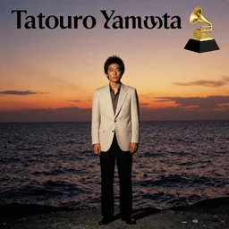 a japanese man wearing a beige suit and black pants standing in the ocean, sunset, night, wide shot, tatsuro yamashita, album cover, 1981, grammy award winning