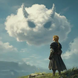 ! dream a boy watch a cloud in a shape of devil form his eyes, elden ring, by greg rutkowski