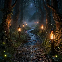 swamp at night, stars, path, lanterns, torches, fireflies, bioluminescence, vines, fire, stream, fog, insane details, intricate, elite, ornate, elegant trend, highly detailed and intricate, sharp focus, photography, unreal engine, trending on artstation, photorealistic, octane, hyper detailed, trending on deviantart,