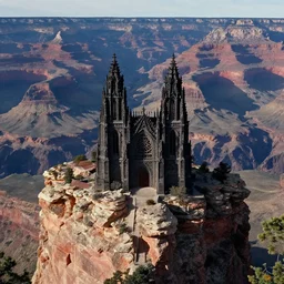 an atmospheric film still by Ridley Scott featuring a dark gothic cathedral carved out of rock at the top of the grand canyon
