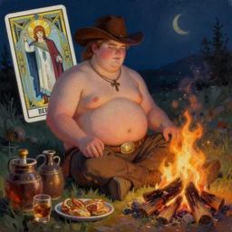 a serene, ethereal painting of a mischievous thicc shirtless cowboy with a beer belly | night scene with campfire | food and jugs of whisky in the foreground | tarot card, art deco, art nouveau | trending on artstation