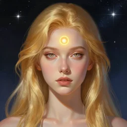 portrait of a beautiful majestic golden haired girl with open third eye chakra, third eye, attractive sci - fi face, space background, breathtaking stars, elegant, highly detailed, digital painting, artstation, concept art, smooth, sharp focus, illustration, art by artgerm and greg rutkowski and alphonse mucha