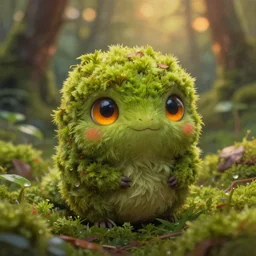 a highly detailed painting of a tiny cute mossy forest creature by bobby chiu, big amber eyes, smiling, at sunset, macro photography, goro fujita