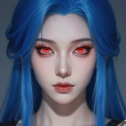 perfectly - centered close - up face - portrait of blue - haired demoness with glowing - red - eyes, the perfect human female specimen, intricate, elegant, super highly detailed, professional digital painting, artstation, concept art, smooth, sharp focus, no blur, no dof, extreme illustration, unreal engine 5, 8 k, by anne stokes