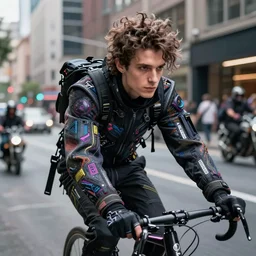 very cool man great hair streetwear, techwear, cyberpunk style outfit, full body, nose piercing, detailed portrait in driving bike urban furteistic city, intricate complexity, by greg rutkowski, cushart krentz, artgerm, ross tran, conrad roset, takato yomamoto, ilya kuvshinov. 4 k, cinematic, atmosphere, hyperrealistic, editorial