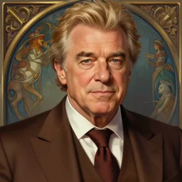 close up of jay leno wearing a brown suit and necktie, focus, d & d, intricate, elegant, highly detailed, digital painting, artstation, concept art, matte, sharp focus, illustration, hearthstone, art by artgerm and greg rutkowski and alphonse mucha