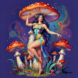 mushroom goddess, full body dynamic pose, psychedelic, dmt deity, picasso, pin up girl, visionary art, fully colored and rendered