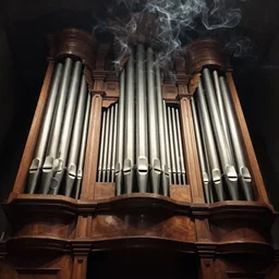 a pipe organ made of smoke and mirrors by alexei savrasov, low angle, dramatic lighting, high detail and high contrast