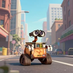 WALL-E rides down a street between skyscrappers, cartoon, 2D