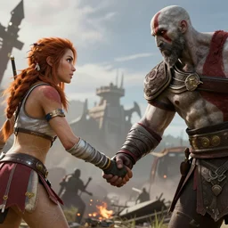 Kratos and Aloy handshaking vigorously on a battlefield, digital art, unreal engine render, highly detailed, close up shot, dramatic lighting